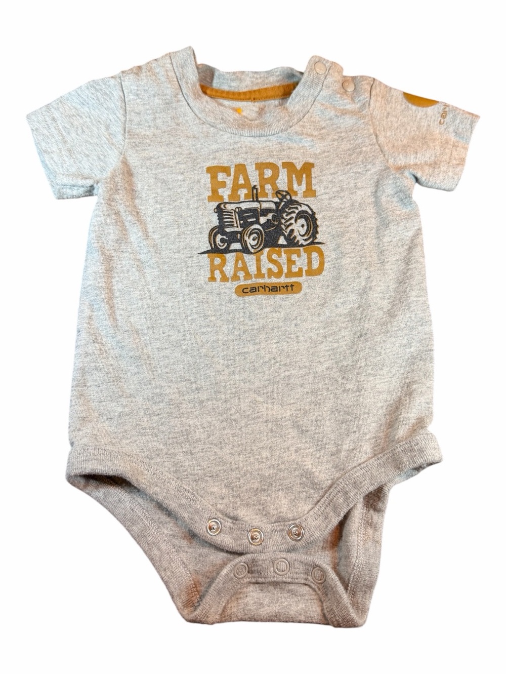 Carhartt Gray & Mustard 'Farm Raised' Baby 9 Months Onesie